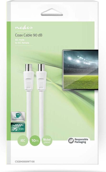 Image du produit Nedis Câble coaxial | IEC (coaxial) mâle | IEC (coaxial) femelle | Nickelé | 90 dB | 75 Ohms | Double (90 dB, Câble d'antenne)