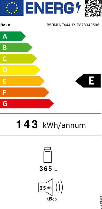 Label énergétique Beko B5RMLNE444HX Réfrigérateur Installation libre 365 L E Acier inoxydable (365 l)
