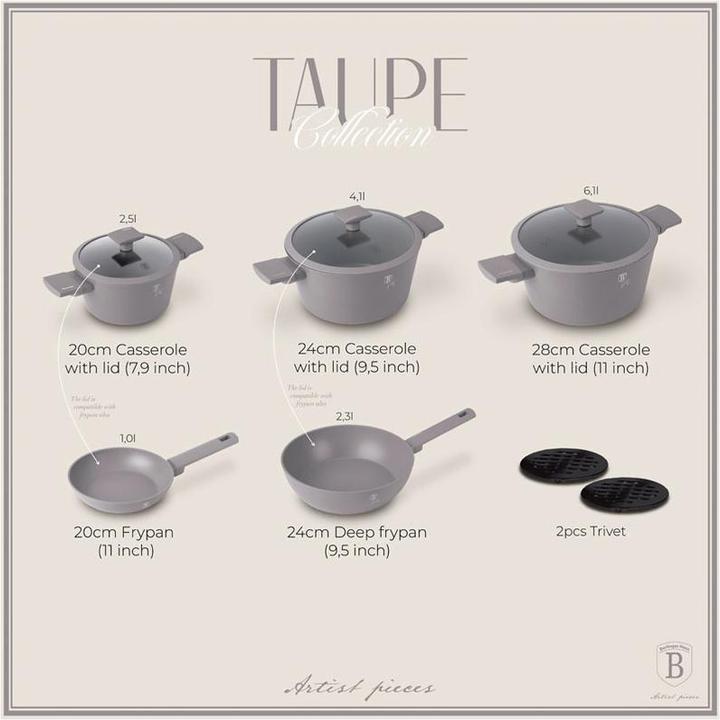 Produktbild BerlingerHaus Design Kochset inkl. Untersetzer, 10-teilig, taupe (Pfannenset + Topfset, Aluminium)