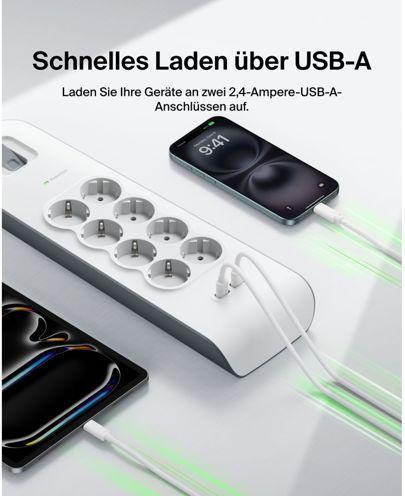 Actual product image Belkin Steckdosenleiste 8-fach 2 Meter Netzkabel BSV804vf2M-V2 (8x, CEE 7/4, USB-A, 2 m)