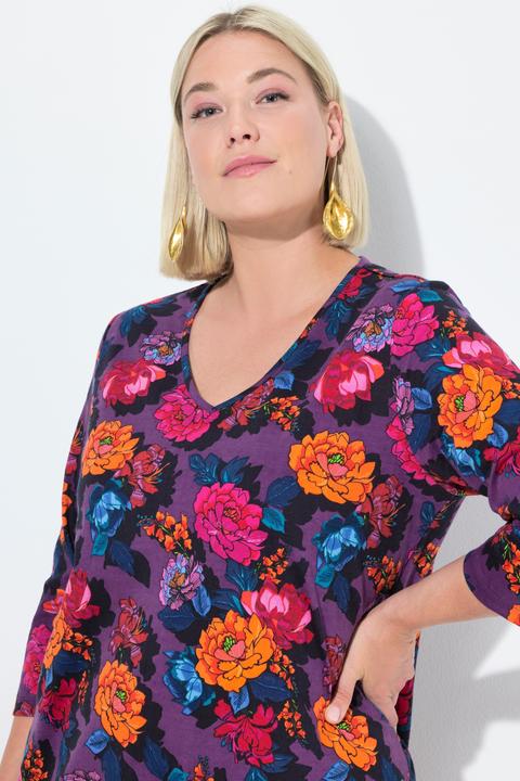 Actual product image Ulla Popken Vibrant Floral Empire Knit 3/4 Sleeve Tee (50, 52)