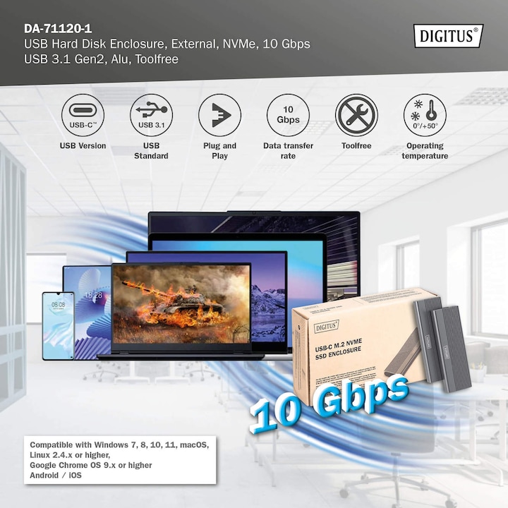 Actual product image Digitus USB M.2 hard disk enclosure, SSD, external, NVMe, 10Gbps, USB 3.1 Gen2, aluminum, toolfree (M.2 2242, M.2 2260, M.2 2280, M.2 2230)