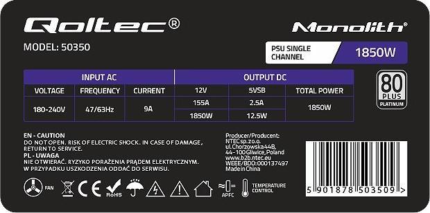 Actual product image Qoltec 50350 POWER SUPPLY 1850W PCI-E 80 Plus Platinum Gaming Miner (1850 W)