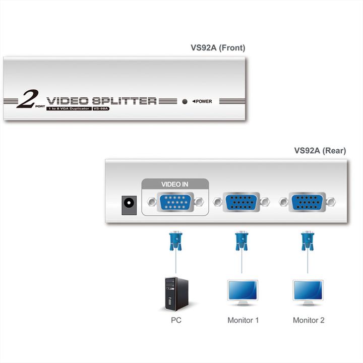 Produktbild Aten VS92A, 2 Port VGA Splitter mit Signalverstärker bis 30m