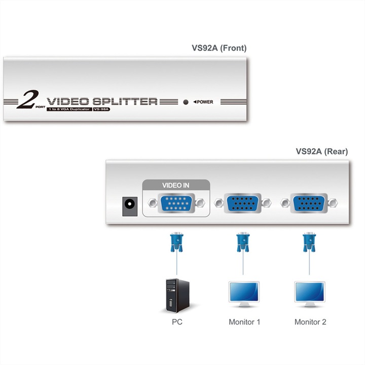 Immagine prodotto Aten VS92A, Splitter VGA a 2 porte con amplificatore di segnale fino a 30 m