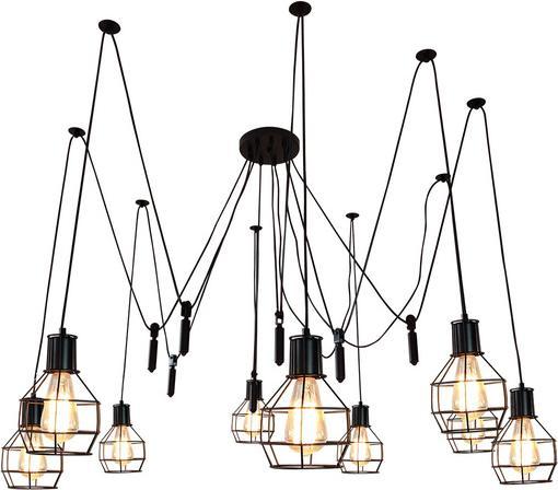 Actual product image Swisshandel24 Pendant Lamp Hanging Lamp, Industrial Metal Height Adjustable Black - 9x Lattice Lamps (E27)