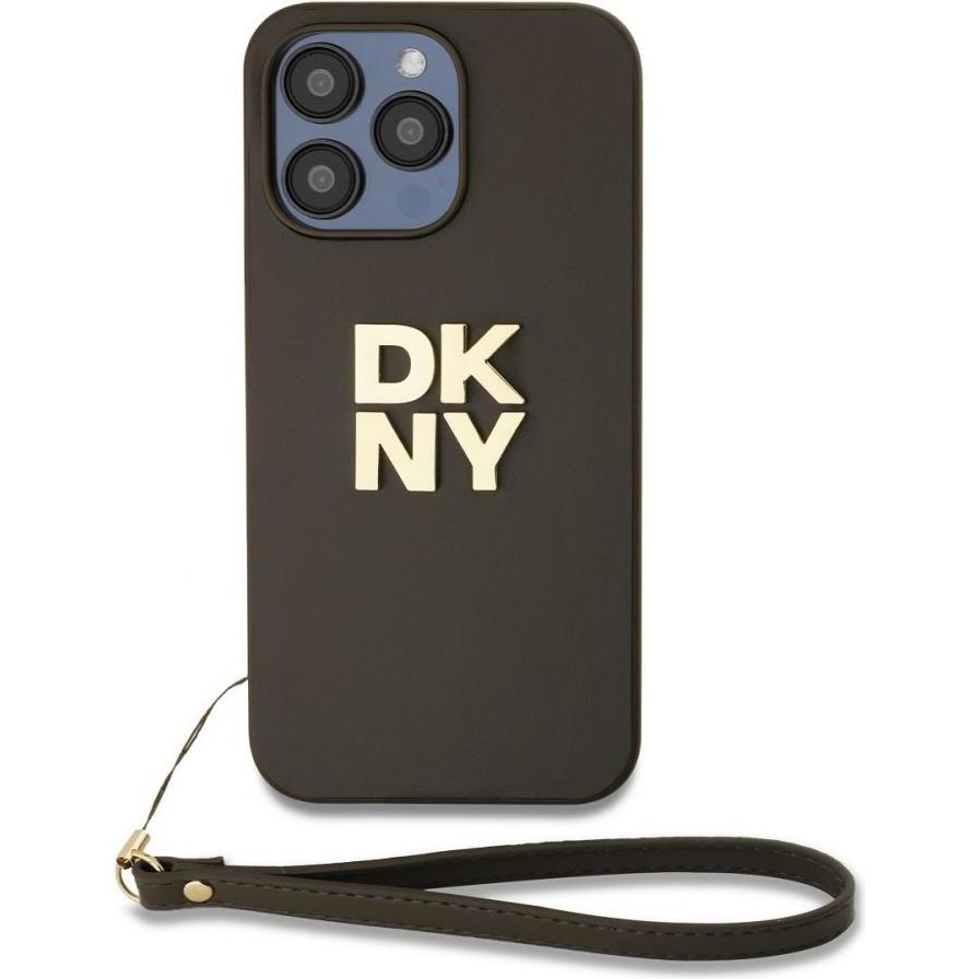 DKNY PU Leather Stack Logo Wrist Strap Case for iPhone 15 Pro Brown (Apple iPhone 15 Pro), Smartphone Hülle, Braun
