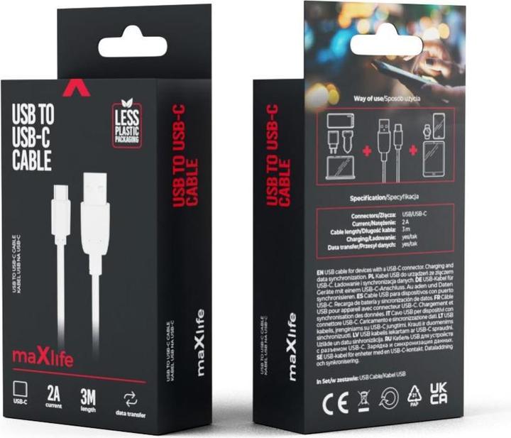 Produktbild Maxlife Kabel USB - USB-C 3,0 m 2A weiss (3 m, 10 W)
