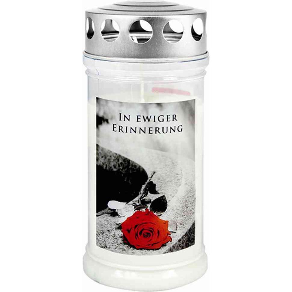 Jeka, Kerzen, Gedenkkerze "In ewiger Erinnerung" in Farbe weiss, Ø 7,5x17 cm, mit Silberdeckel (1 Stk.)