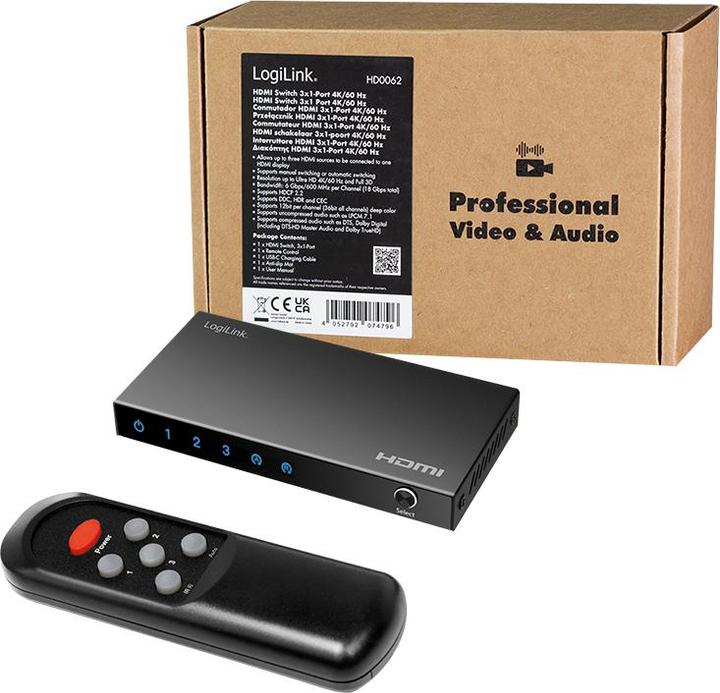 Image du produit LogiLink HDMI-Switch, 3x1-Port, 4K/60 Hz, HDCP, HDR, CEC, RC