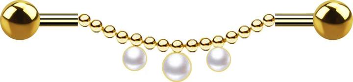 Image du produit Star Piercing Barbell plaqué or deux boules chaîne trois perles blanches (Acier chirurgical 316L, sans laiton)