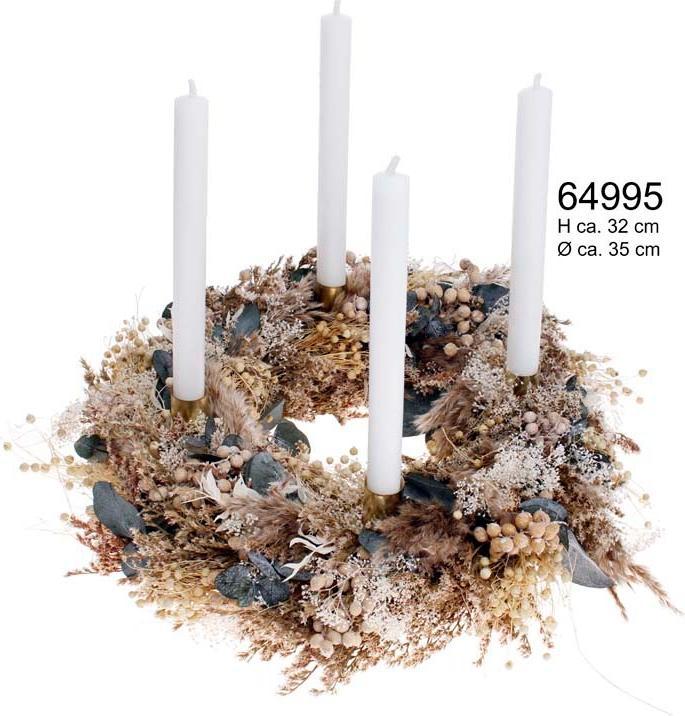 Fresca-Plant Trockengras-Kranz 4 Stabkerzen weiss (32 cm, 35 cm)