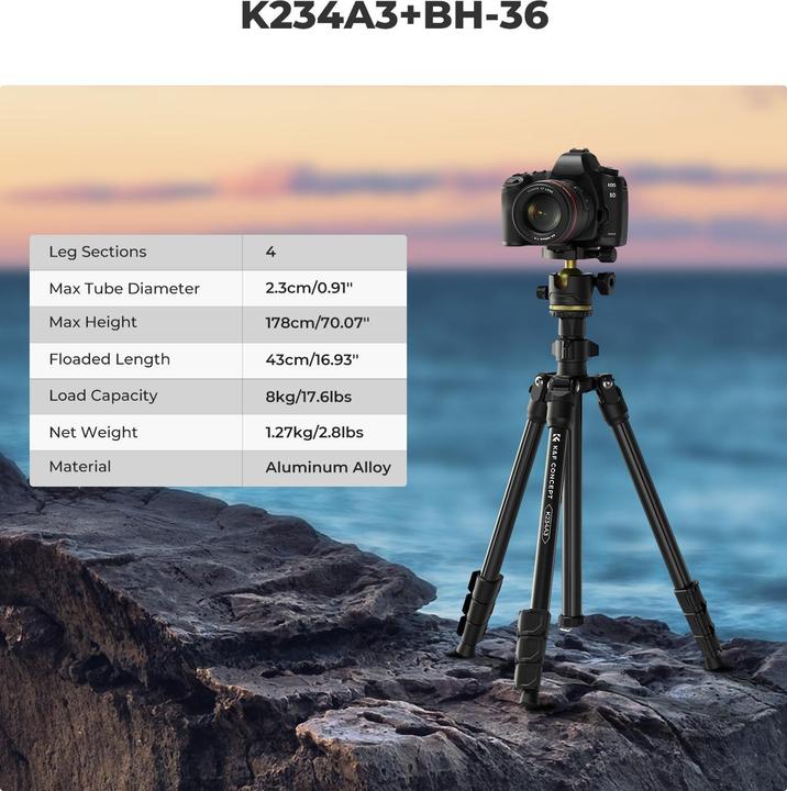 Immagine prodotto K&F Concept K234A3+BH-36L +Clip per iPhone Treppiede in lega di alluminio e magnesio (Metallo)