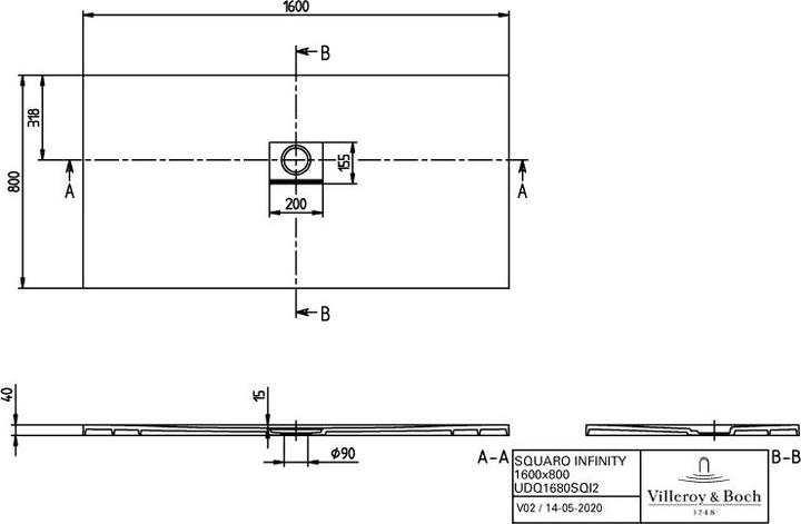 Produktbild Villeroy & Boch V&B Duschwanne SQUARO INFINITY R-eck1600x800x40mm anthrazit