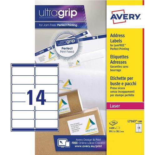 Avery Dennison, Etiketten, Etiketten Zweckform ultragrip L7163, 99,1x38,1 mm, weiss, Pk. 1400 Stk.