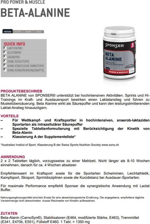 Valeurs nutritives et ingrédients Sponser Bêta alanine (1 pièce(s), Cachets, 189 g)