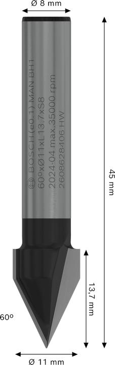 Actual product image Bosch Professional Zubehör V-groove cutter, 8 mm, D1 11 mm, L 14 mm, G 45 mm, 60°