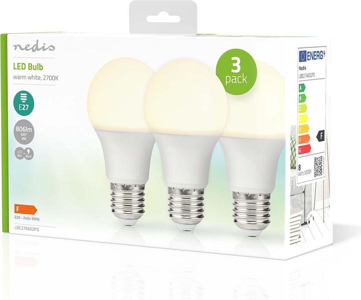 Image du produit Nedis LBE27A602P3 Lampe LED E27 A60 8.5 W 806 lm 2700 K blanc chaud 3 pièces (E27, 806 lm, 3x)