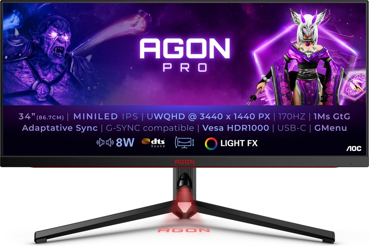 AOC 34" IPS MiniLED Monitor,, 2x Displayport, 2x HDMI, 1x USB-B/4xUSB 3.2, 1x USB-C, 1ms, Luidsprekers (3440 x 1440 pixels, 34")