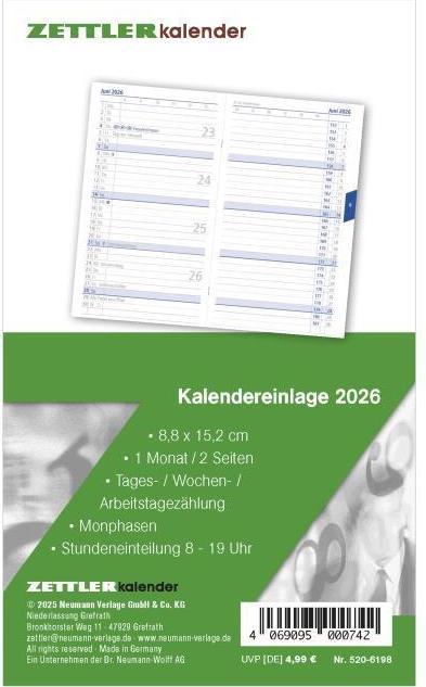 Actual product image Kalender-Ersatzeinlage2026-fürdenTaschenplanerTyp520-8,8x15,2cm-1Mo (9 x 15 cm, German)