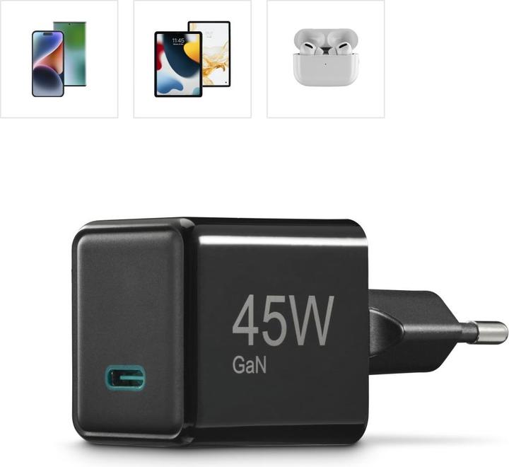 Produktbild Hama Schnellladegerät, USB-C, PD/QC/GaN, Super-Mini-Charger, 45 W, Schwarz (45 W)