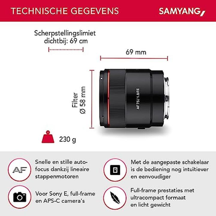 Image du produit Samyang AF 75mm f/1.8 FE, Sony E (Sony E, Plein format)