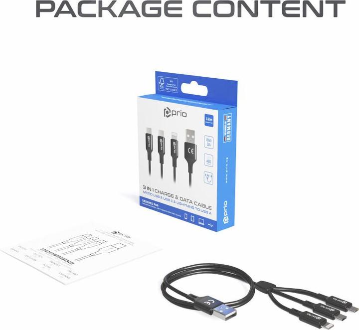 Actual product image prio 3in1 Micro USB & USB C & Lightning to USB A Cable 3A 1.2m black (1.20 m)