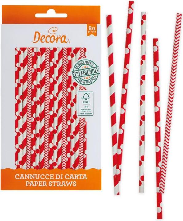 Decora 80er-Pack Papier Strohhalme Bio Abbaubare Rot&Weiss ø 6 X 210 mm (80x)