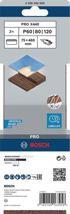 Actual product image Bosch Professional Zubehör PRO X440 sanding belt, 75 x 480 mm, G60, G80, G100, 3 pcs. (60, 80, 100)