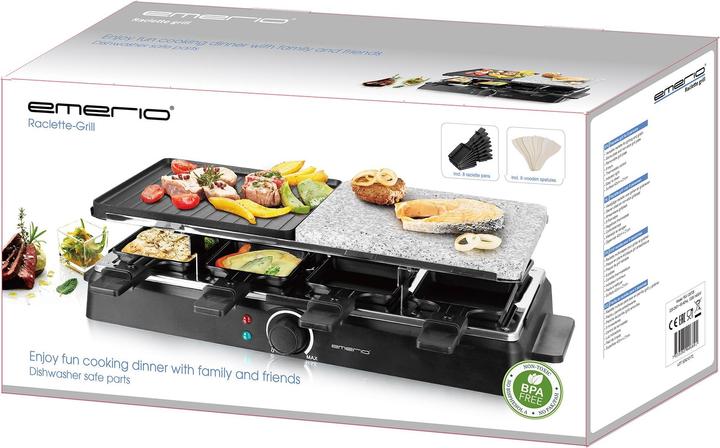 Actual product image Emerio Raclette grill, 8 pans, non-stick stone and grill plate