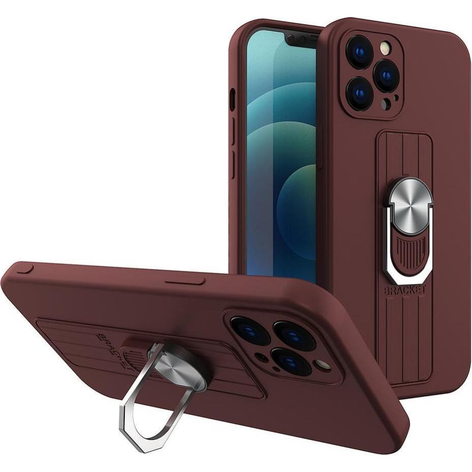 Hurtel Ring Case silicone case with finger grip and stand for Samsung Galaxy A72 4G brown (Samsung Galaxy A72), Smartpho...