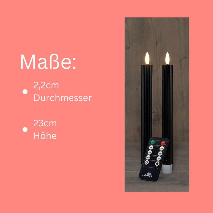 Actual product image Novaliv Stabkerzen LED mit Timer SCHWARZ 2er indoor mit Timer Funktion 6 Stunden ECHTWACHS gerippt 23cm Höhe (2 x)