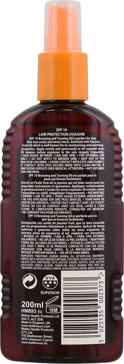 Produktbild Malibu Bronzing Tanning Oil Passion Fruit Oil SPF10 - Waterproof Tanning Oil Spray with Passion (Selbstbräunungsöl, 200 ml)