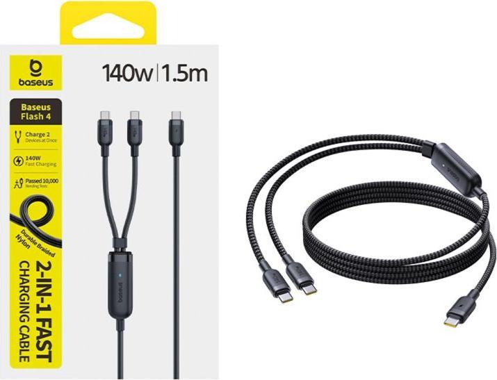 Produktbild Baseus Kabel Flash 4 140W 2w1 USB-C do USB-C + USB-C 1.5 m - czarny (1.50 m, 140 W)