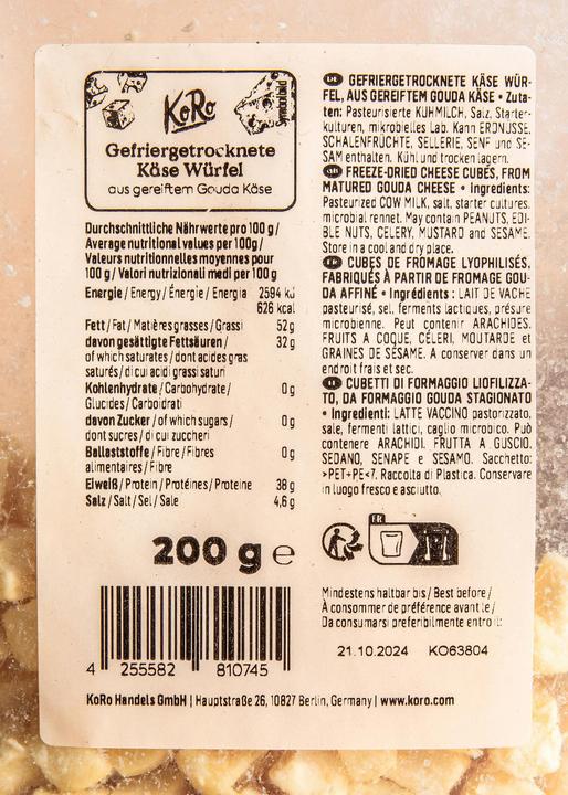 Valori nutrizionali e ingredienti KoRo Cubetti di formaggio liofilizzato, a base di formaggio Gouda stagionato (200 g)