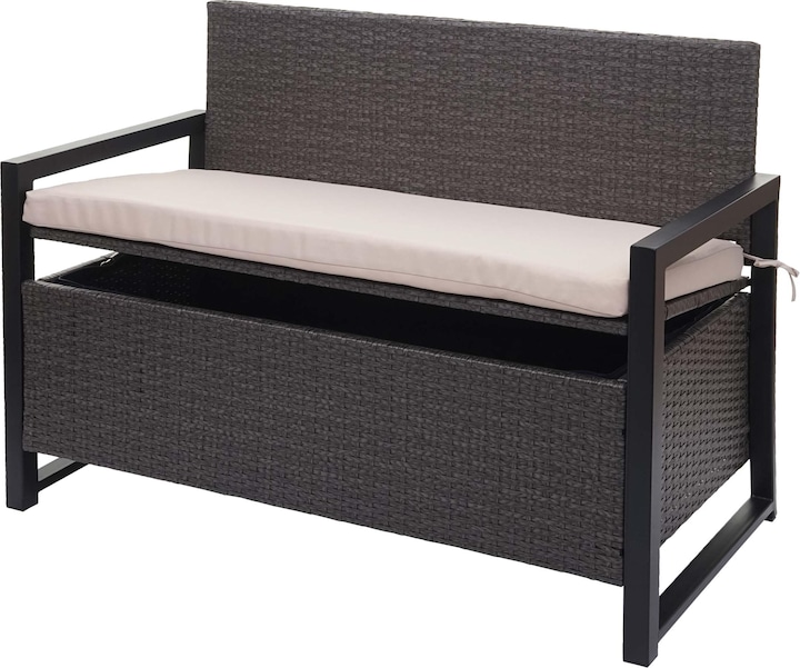 Swisshandel24 Poly-Rattan 2er Sitzbank, Gartenbank Truhenbank, Staufach Aufbewahrung Sitzkissen - grau, Kissen bei