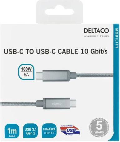 Produktbild Deltaco USB-C cable 1m, SuperSpeed, pint, USB 3.1 Gen 2, 10 Gbps, 100W, silver (1 m, USB 3.1, 100 W)