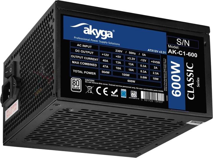 Akyga Zasilacz ATX AK-C1-600 P4+4 2x PCI-E 6+2 pin 5x SATA 3x Molex APFC FAN (600 W)