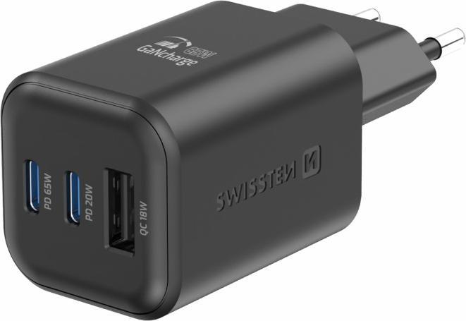Produktbild Swissten Travel Charger Gan 2X USB-C 65W PD + 1X USB-A 18W QC Black (65 W, 3 Ports)