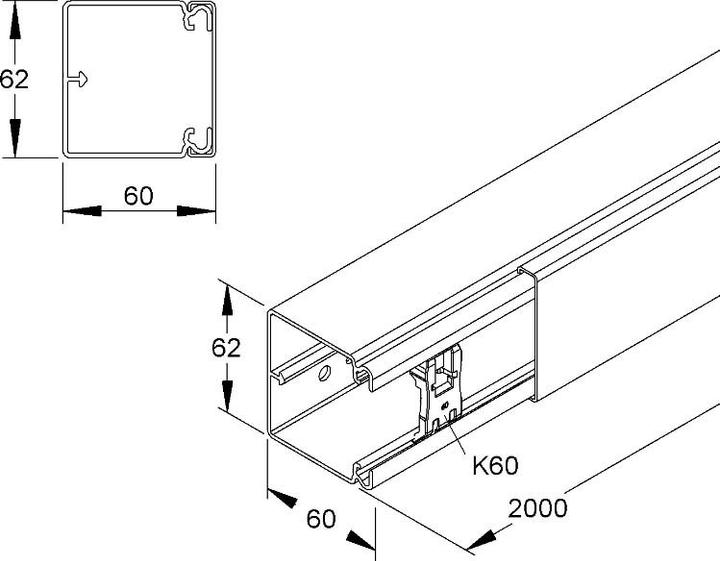 Produktbild Kleinhuis HKL6060.3 Kanal o Trennwand 60x62mm L=2m ws (Kabelkanal, 200 cm)