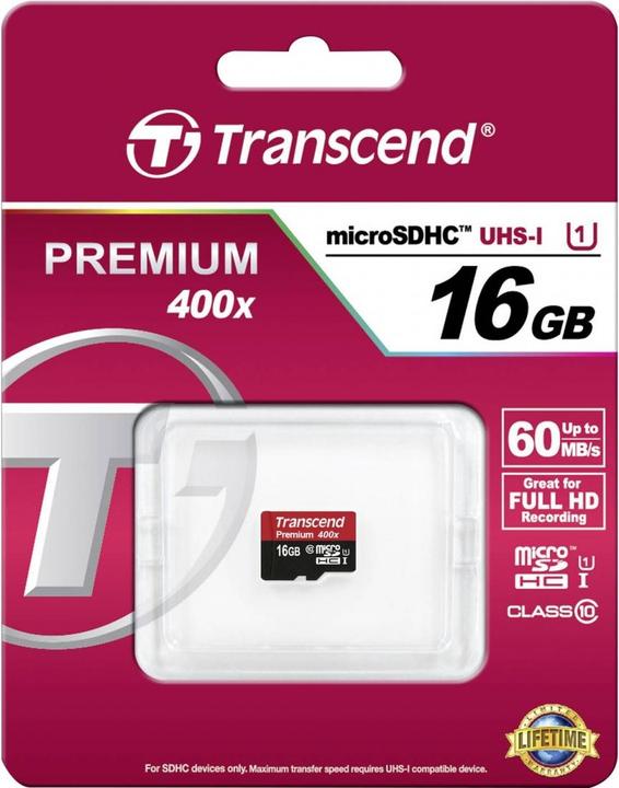 Productafbeelding Transcend 16GB MICROSDHC KLASSE 10 UHS-I (16 GB, microSDHC, U1, UHS-I)