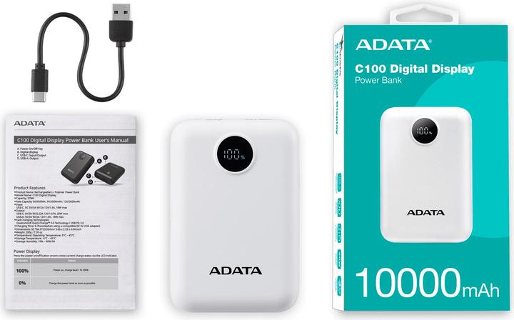 Actual product image Adata Powerbank P10022-12 10000 mAh, Akkutyp: Lithium-Polymer (10000 mAh, 15 W, 37 Wh)