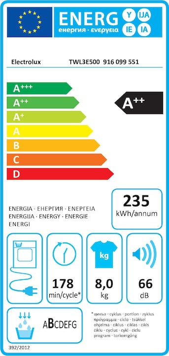 Label énergétique Electrolux TWL3E500 (8 kg, Modifiable)