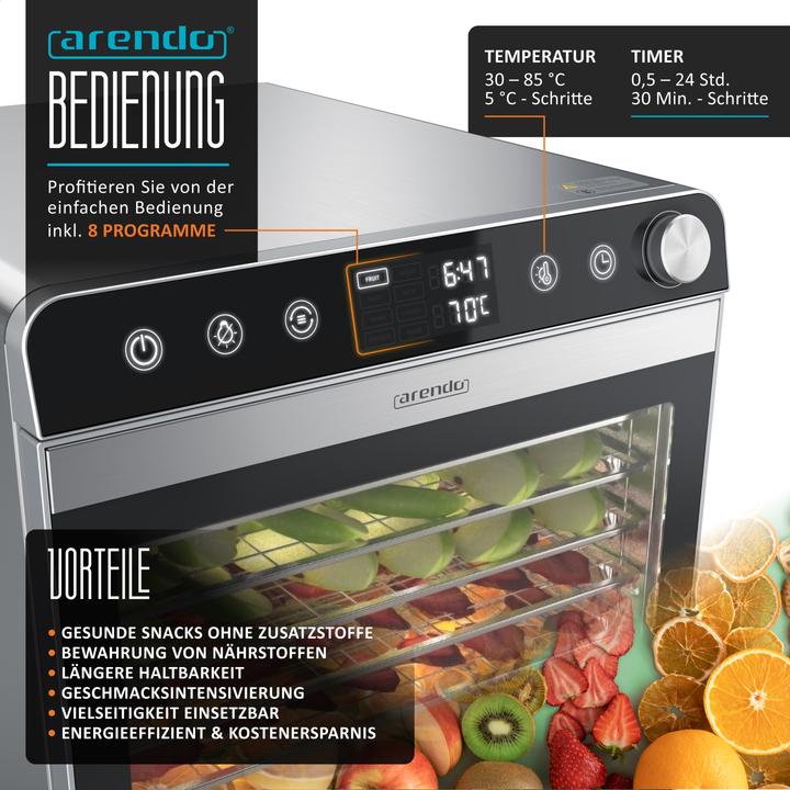 Produktbild Arendo Dörrautomat Edelstahl, Temperaturregler von 30° bis 90 °C, Dörrgerät, Dehydrator 800 W, 10 Etagen