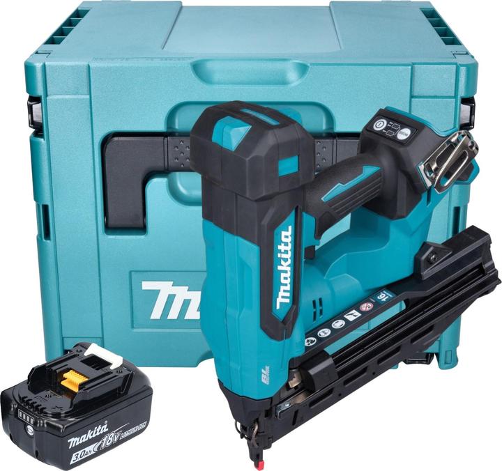 1x Makita DBN 610 cordless upright nailer, 1x Makita BL 1830 B 18 V 3.0 Ah battery, 1x Makita Makpac case, without charger