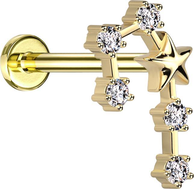 Actual product image Star Piercing Micro Labret Inner Thread Gold Plated Zodiac Sign Gemini with Crystals (Brass, Surgical steel 316L)