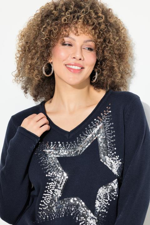 Produktbild Ulla Popken Pullover, Pailletten-Stern, V-Ausschnitt, Langarm (56)