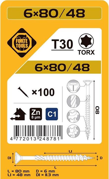 Produktbild Forte tools CHIPBOARD SCR T30 6.0X80/48 WHITE ZN(100 (100 Schrauben pro Stück)