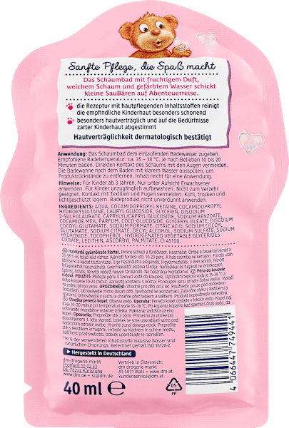 Nährwerte und Zutaten dm SauBär Fabelhaftes (40 ml, Schaumbad)
