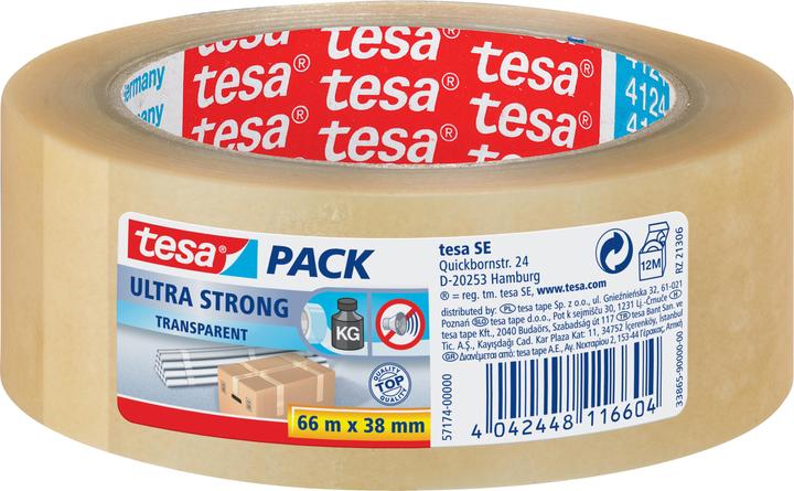 tesa tesapack Nastro per pacchi ULTRA STRONG - Nastro da imballaggio in PVC per imballaggi stretti e (38 mm)
